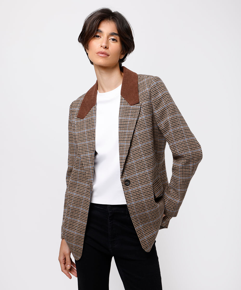 blazer feminino de alfaiataria xadrez mindset marrom