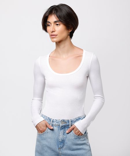 blusa long top feminina manga longa canelada mindset branca P