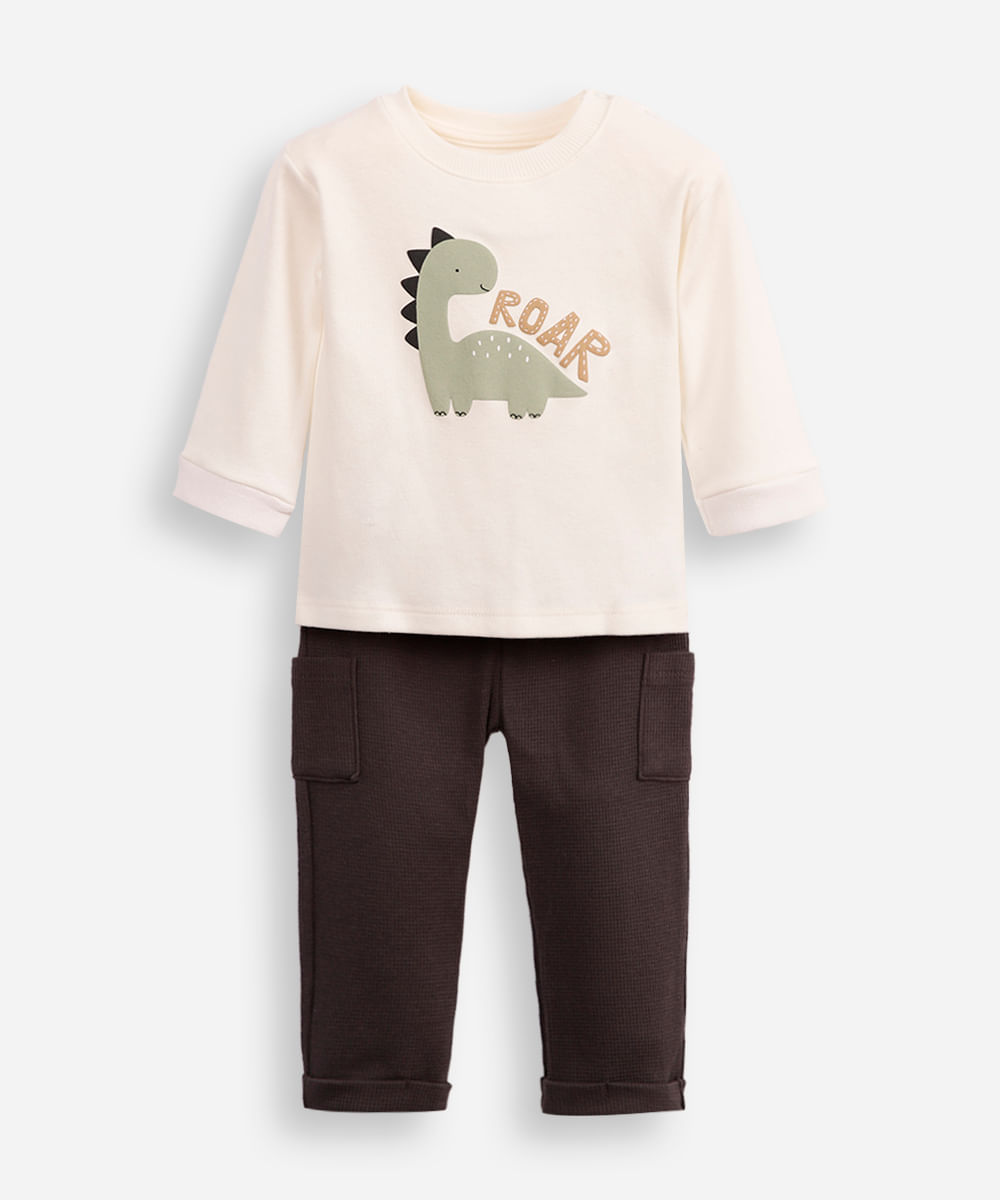 conjunto infantil longo dinossauro cinza
