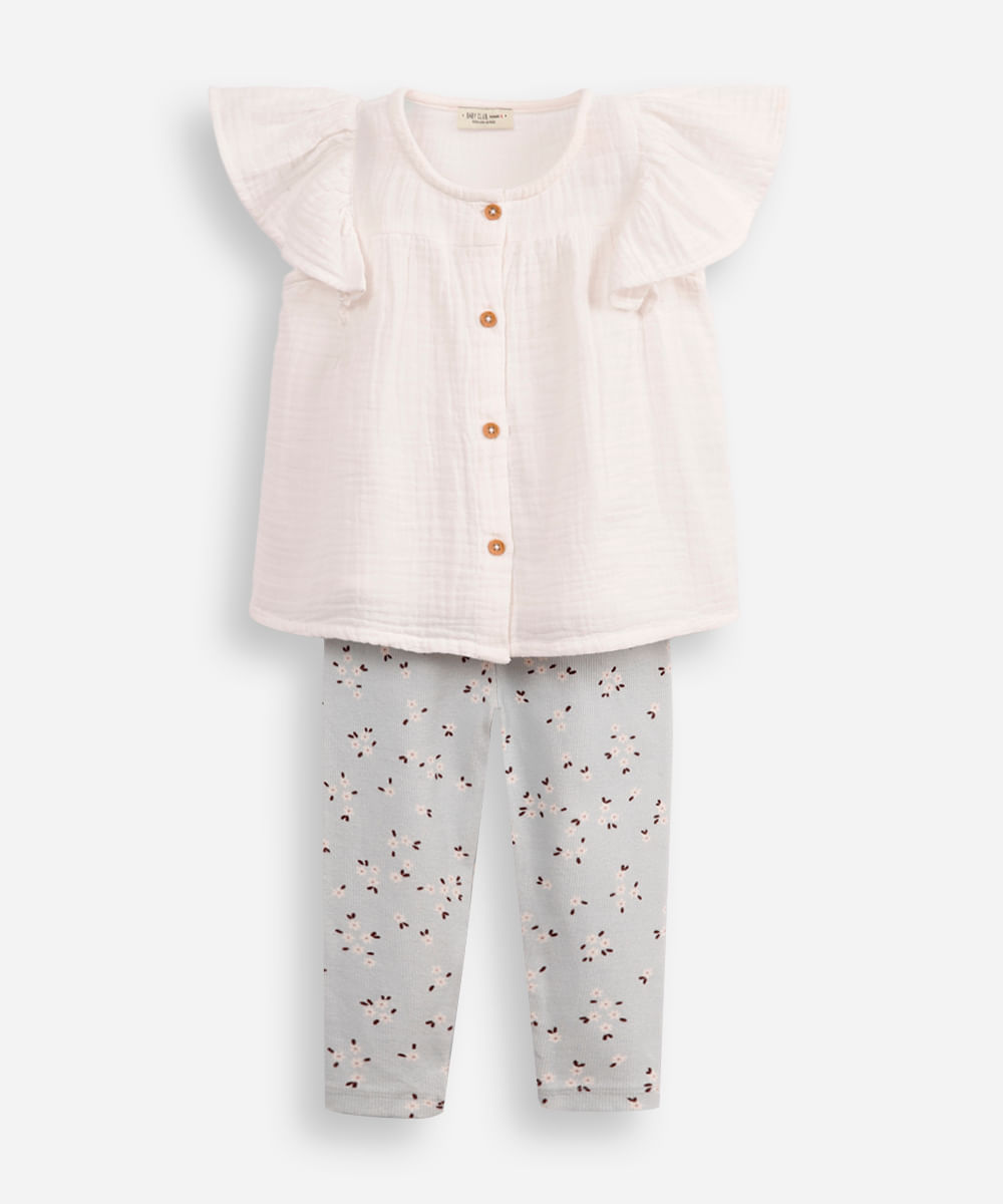 conjunto infantil de algodão floral off white