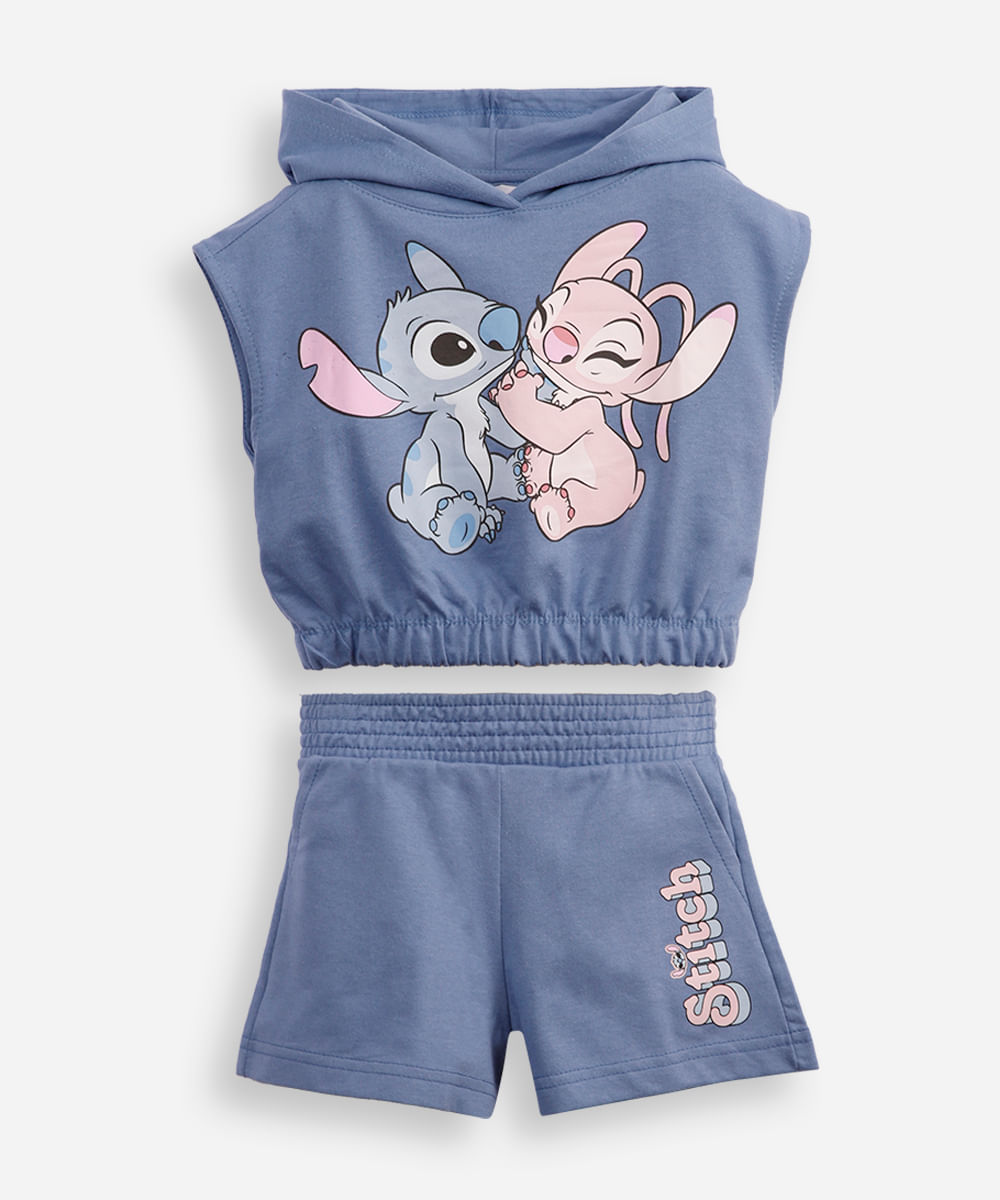 conjunto de moletom infantil stitch e angel com capuz azul