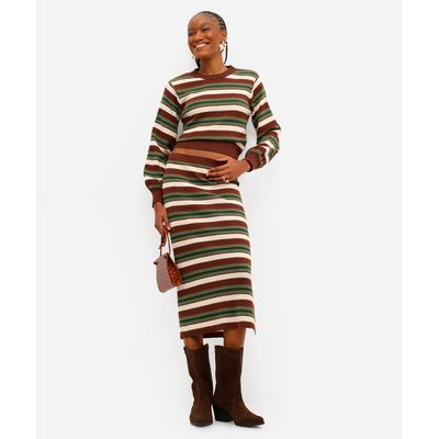 saia midi feminina de tricot listrada com fenda marrom