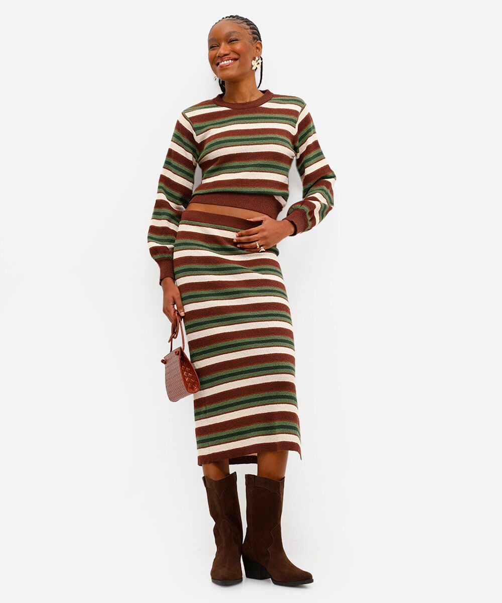 saia midi feminina de tricot listrada com fenda marrom