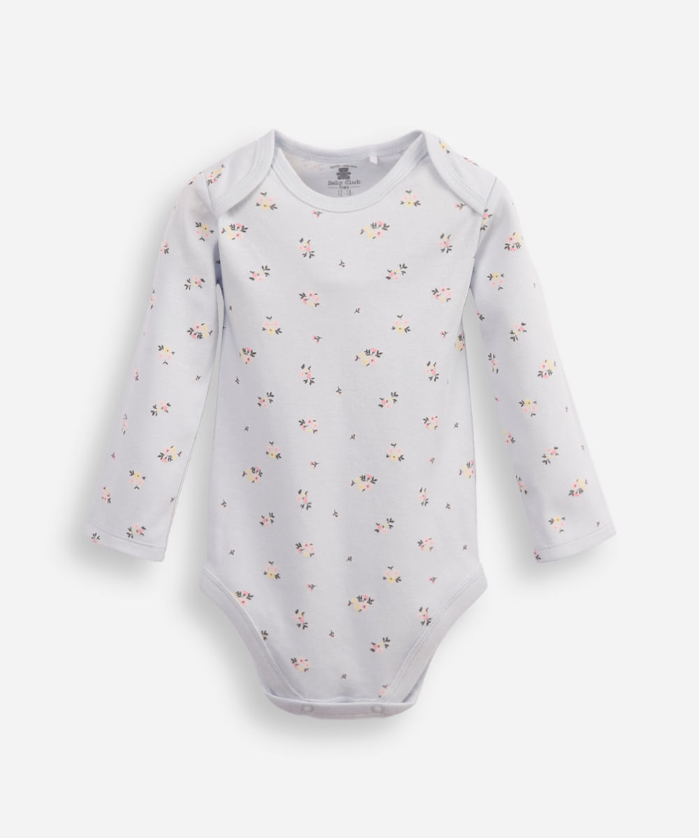 body infantil de algodão manga longa floral azul