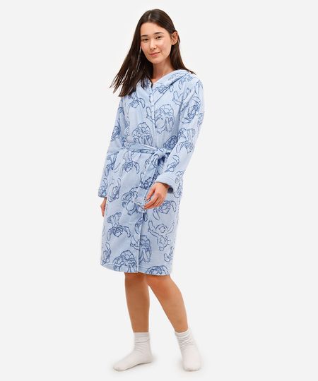 roupão feminino em fleece stitch com capuz azul M roupão feminino em fleece stitch com capuz azul M