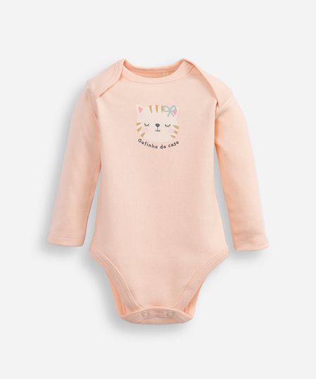body infantil de algodão manga longa gatinha da casa bege 3-6