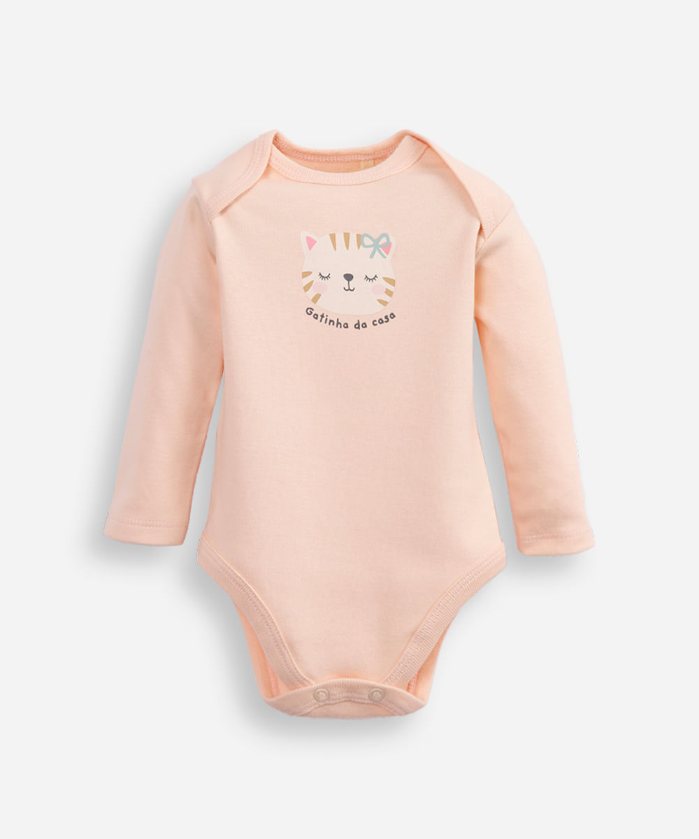 body infantil de algodão manga longa gatinha da casa bege