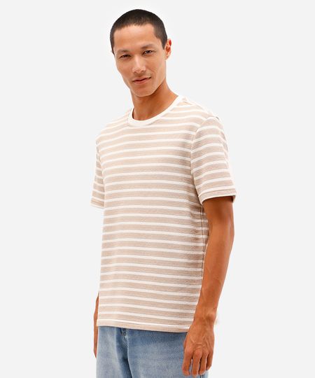 camiseta masculina de algodão texturizada e listrada bege G