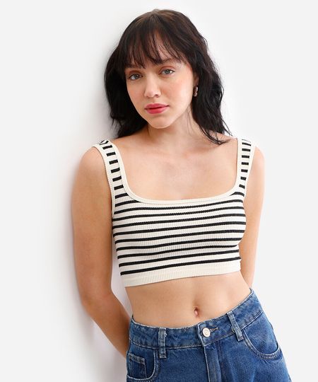 cropped básico feminino canelado listrado off white M cropped básico feminino canelado listrado off white M