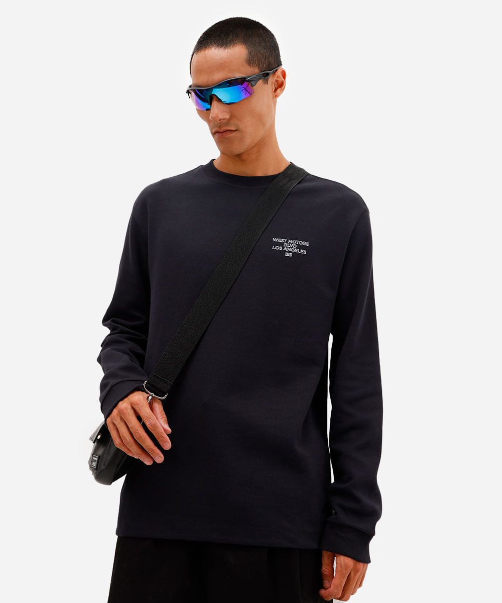 camiseta masculina oversized de algodão manga longa estampada preta