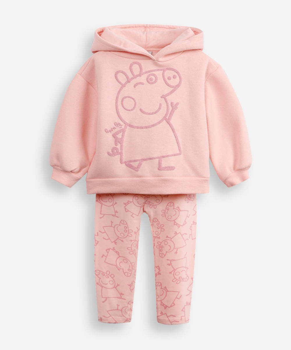 conjunto infantil longo de moletom com capuz peppa pig rosa