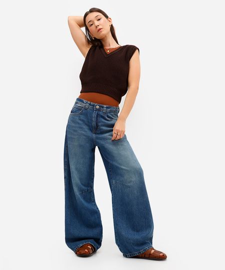 calça skater feminina jeans cintura média azul 36