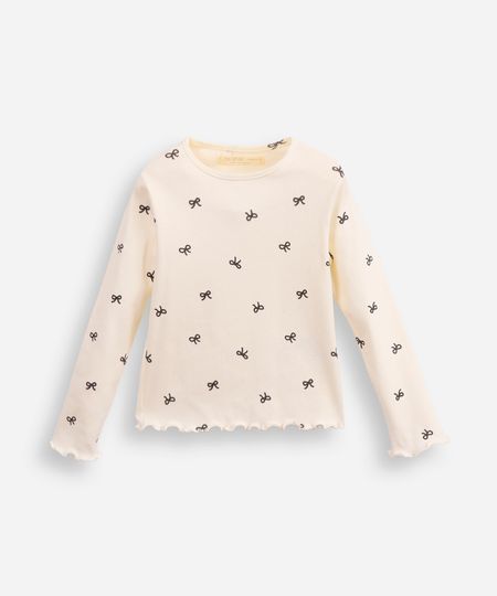 blusa de algodão infantil canelada com lacinho fru fru off white 8