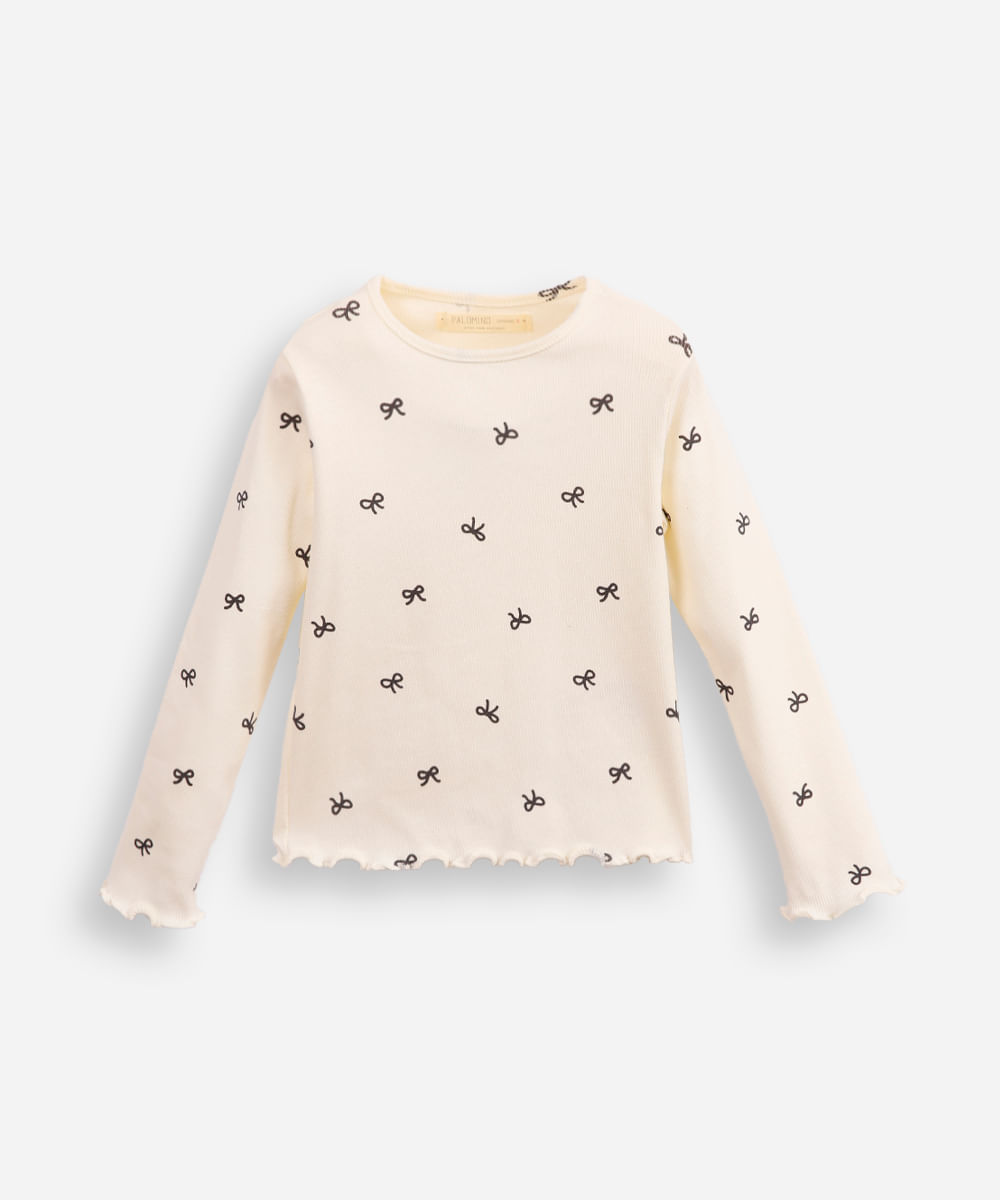 blusa de algodão infantil canelada com lacinho fru fru off white