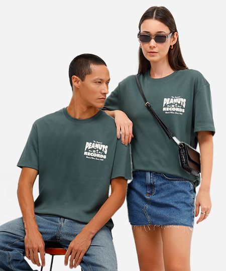 camiseta de algodão manga curta snoopy peanuts verde M