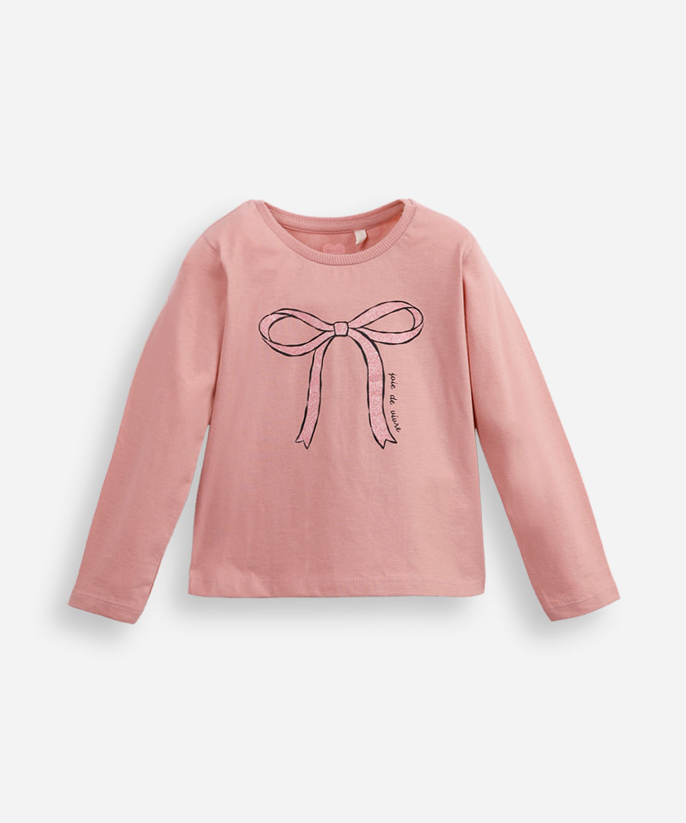 blusa de algodão infantil manga longa lacinho rosa
