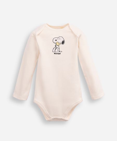 body infantil de algodão manga longa snoopy off white 6-9