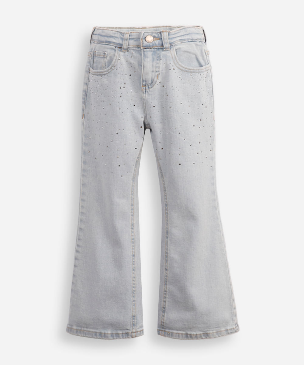 calça flare jeans infantil com brilhos azul