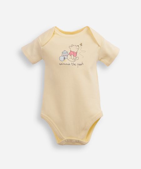 body infantil de algodão manga curta ursinho pooh amarelo 12-18