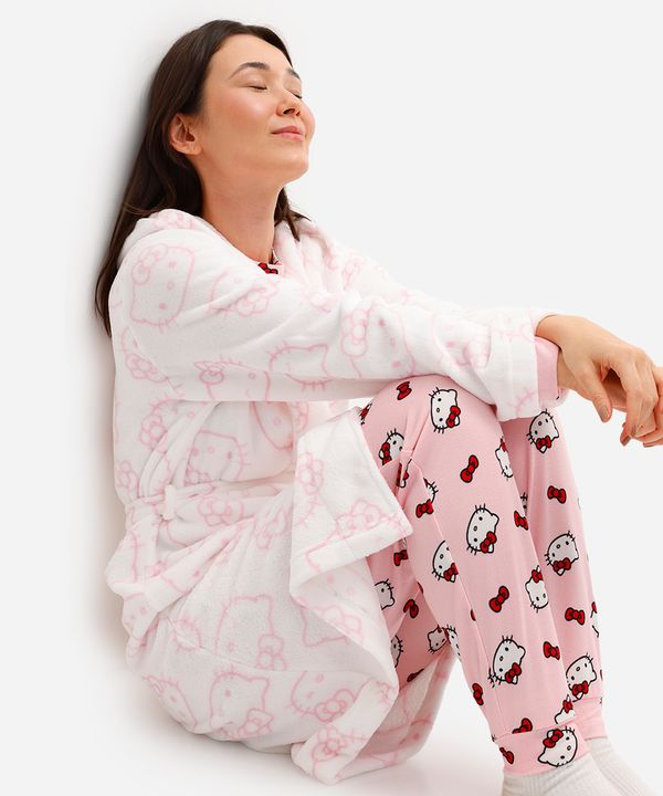 roupão feminino fleece hello kitty com capuz off white PP
