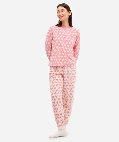 pijama longo feminino corações manga longa rosa M
