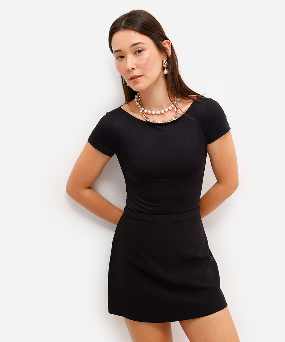 body feminino de poliamida manga curta preto