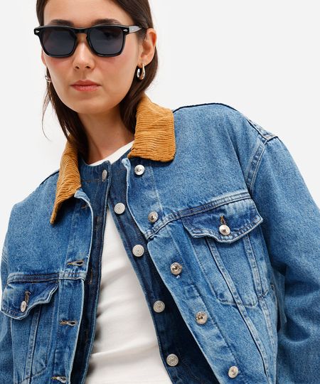 jaqueta jeans feminina gola cotelê azul PP