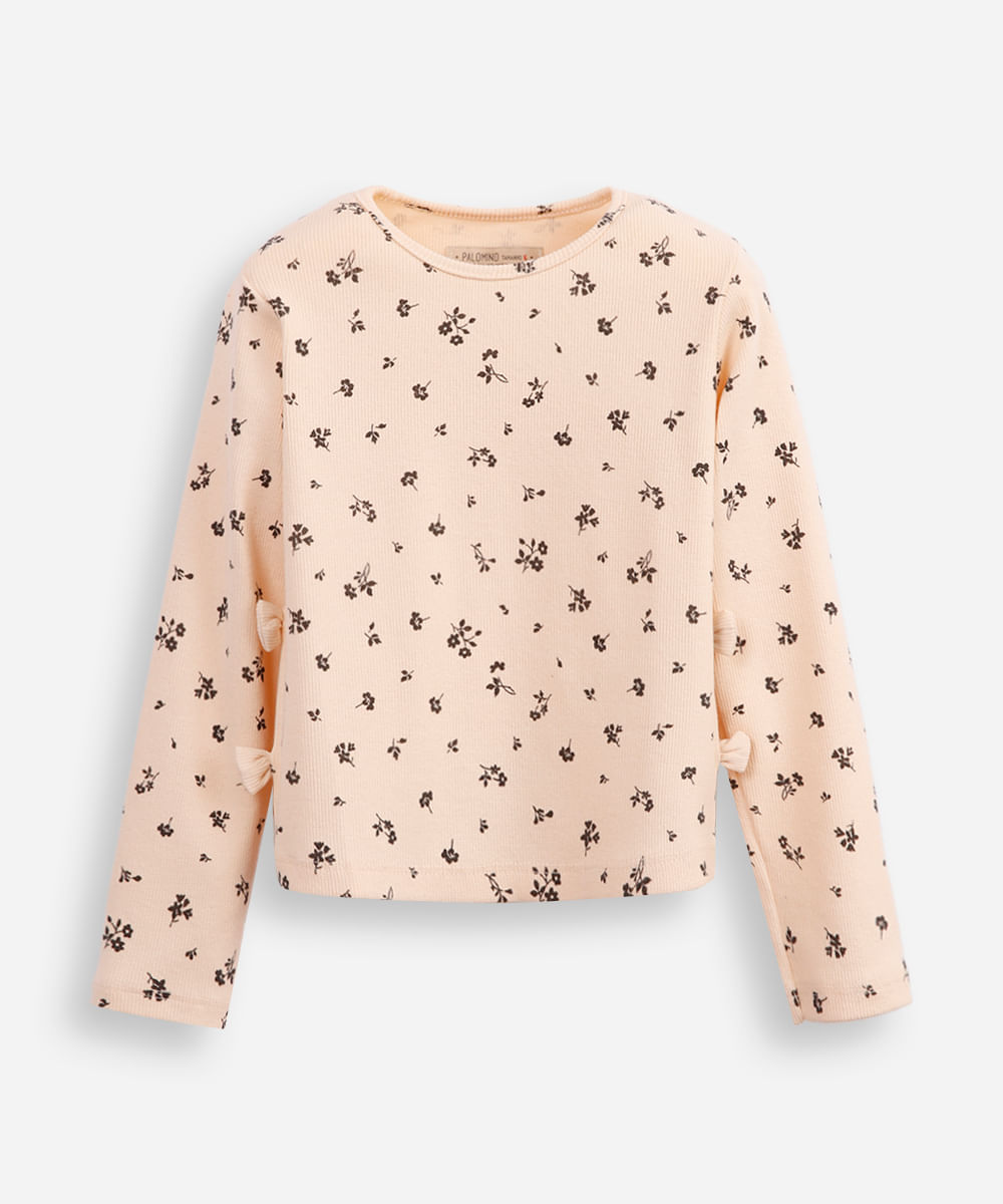 blusa de algodão infantil manga longa floral com lacinho bege