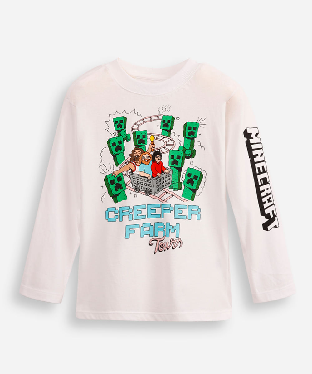 blusa de algodão infantil creeper farm tours minecraft off white