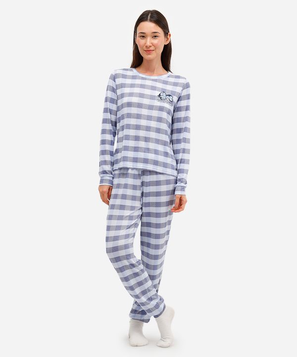 pijama longo feminino manga longa stitch xadrez azul M