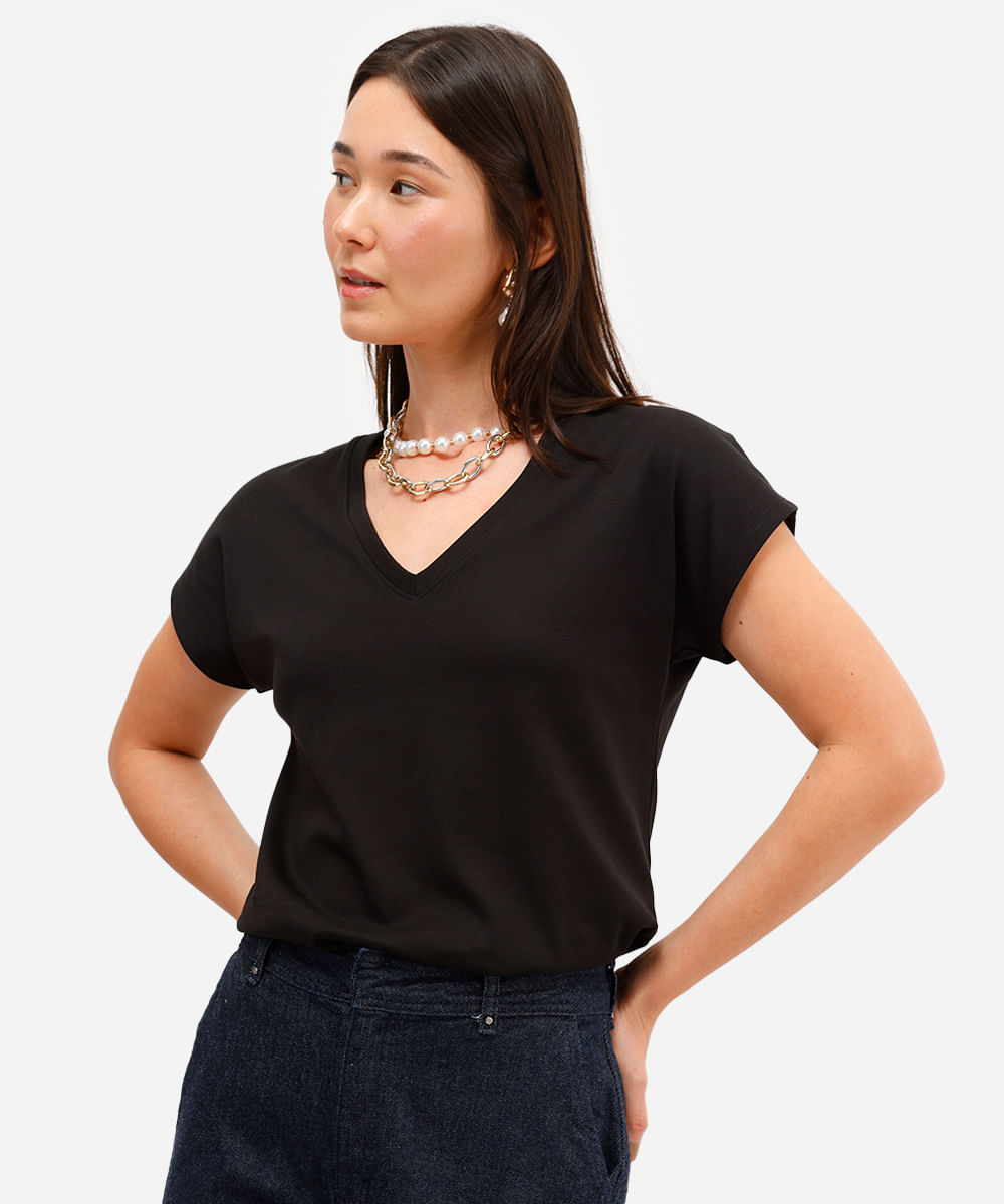 blusa feminina de algodão peruano decote v preta