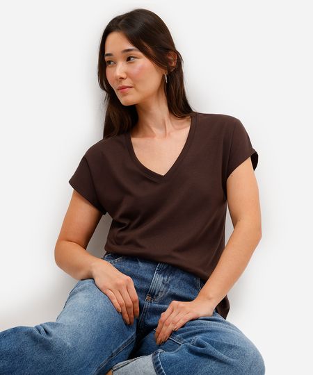 blusa feminina de algodão peruano decote v marrom PP blusa feminina de algodão peruano decote v marrom PP