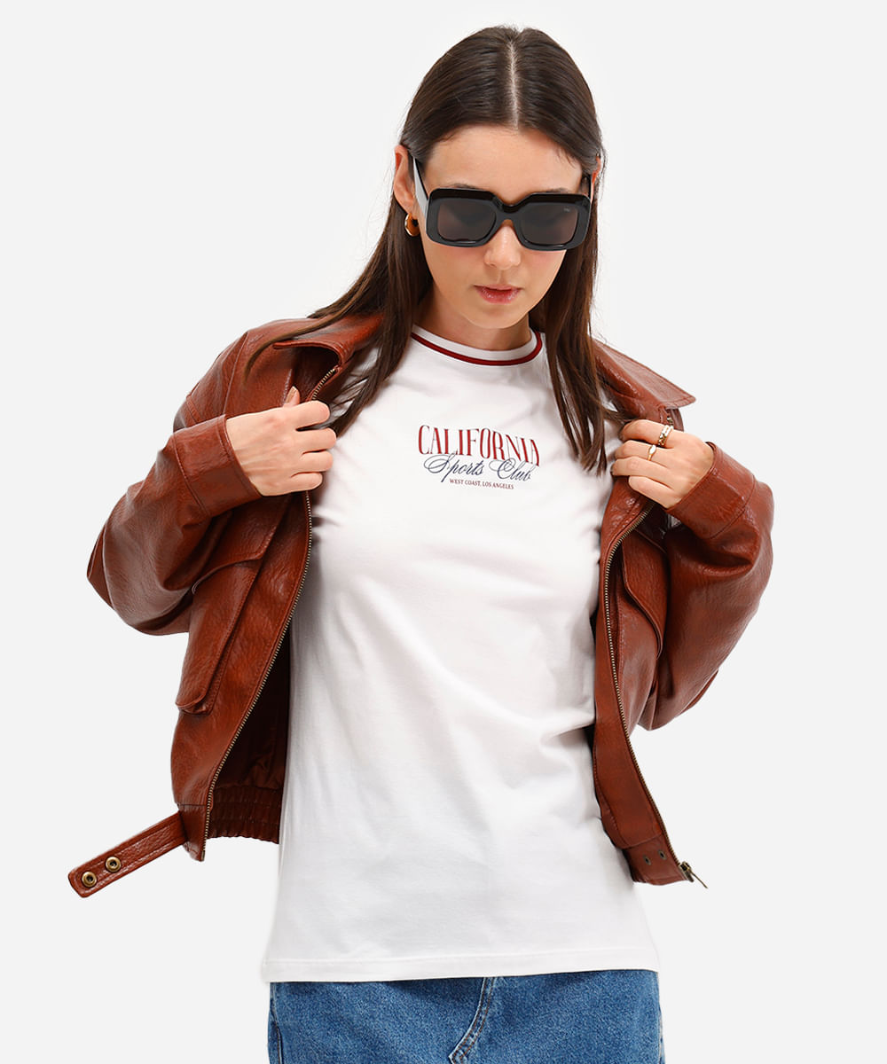 camiseta feminina de algodão california manga curta off white