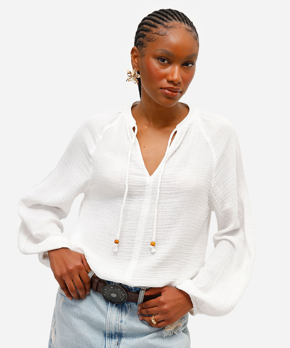 bata feminina de algodão manga bufante texturizada off white