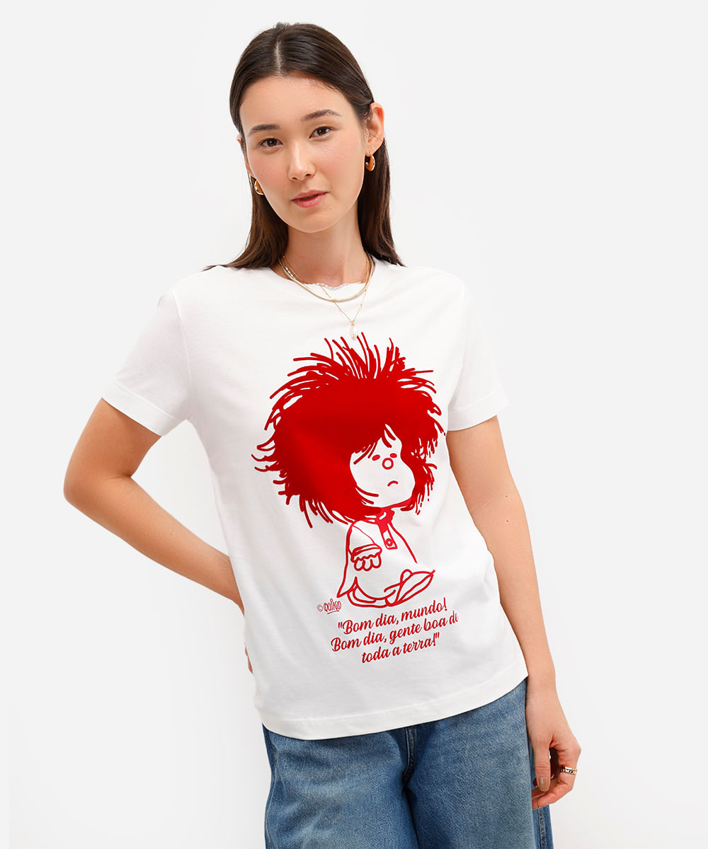 camiseta feminina de algodão mafalda texturizada off white