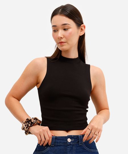 regata feminina de algodão básica gola alta preta PP regata feminina de algodão básica gola alta preta PP