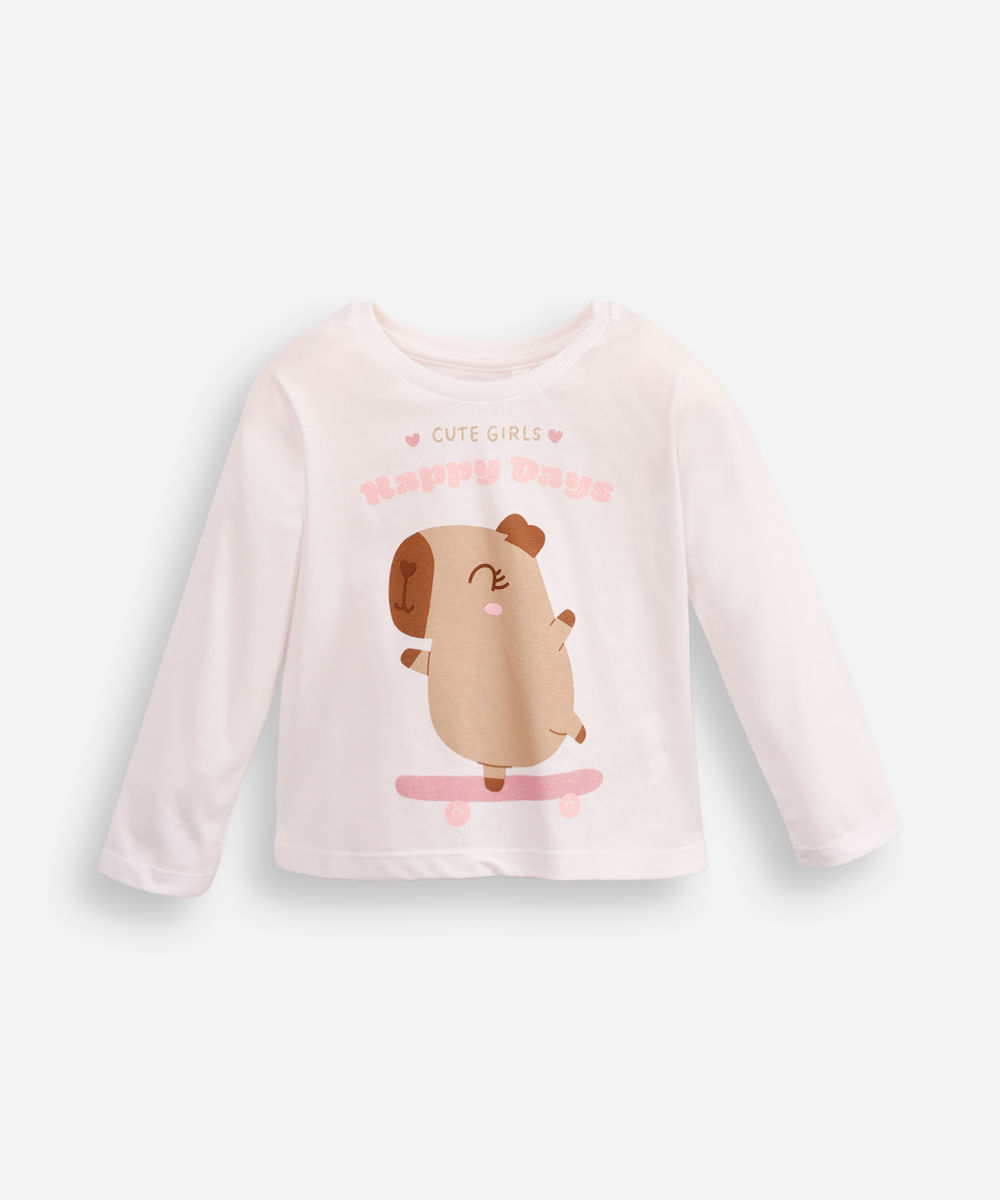 blusa de algodão infantil manga longa capivara off white