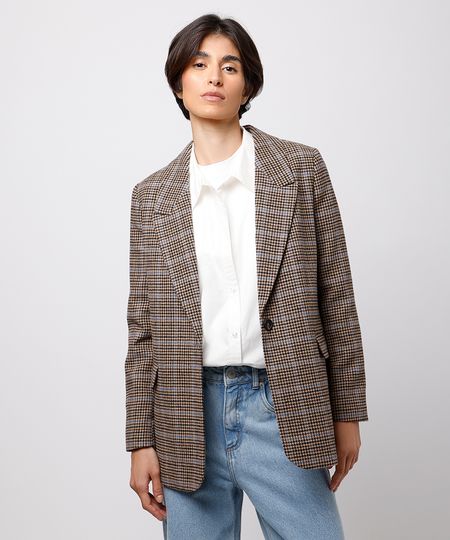blazer feminino de alfaiataria xadrez mindset marrom G