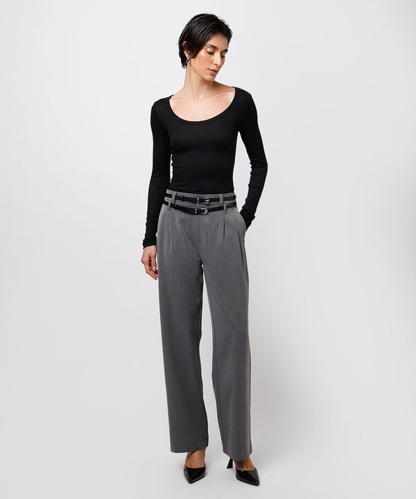 calça wide leg feminina de alfaiataria com cintos mindset cinza 36