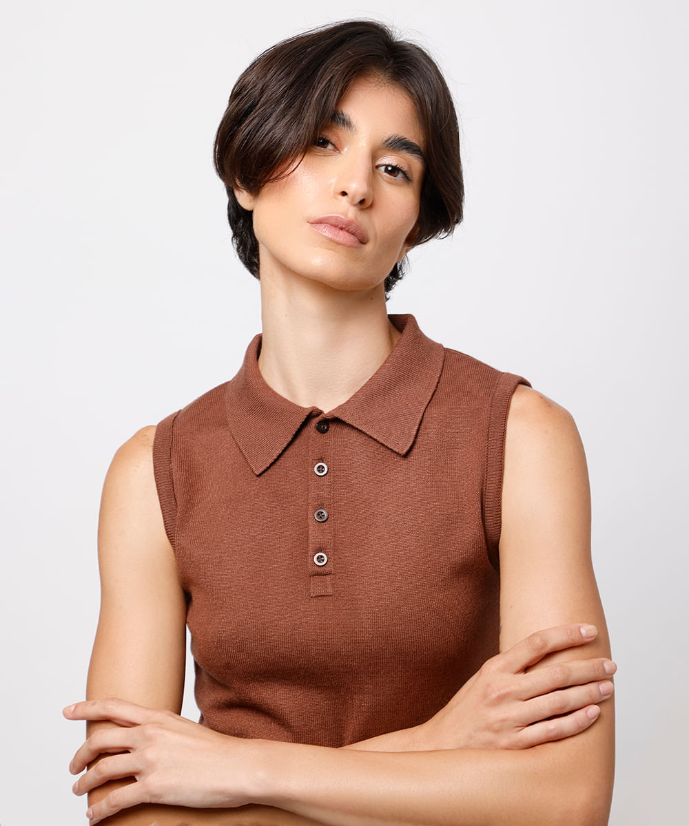 regata polo feminina de tricot mindset marrom