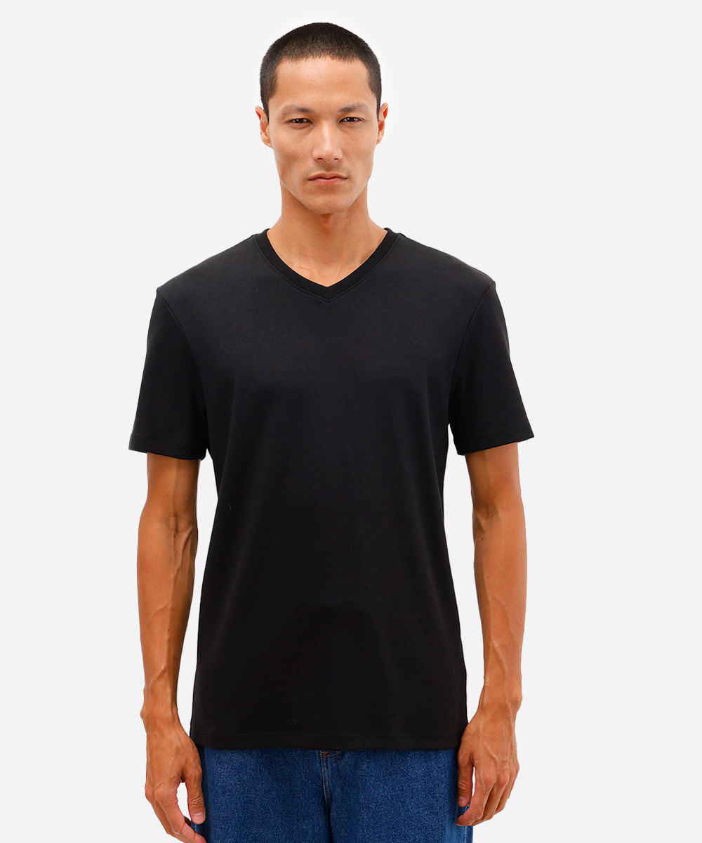 camiseta básica masculina de algodão peruano bold gola v preta