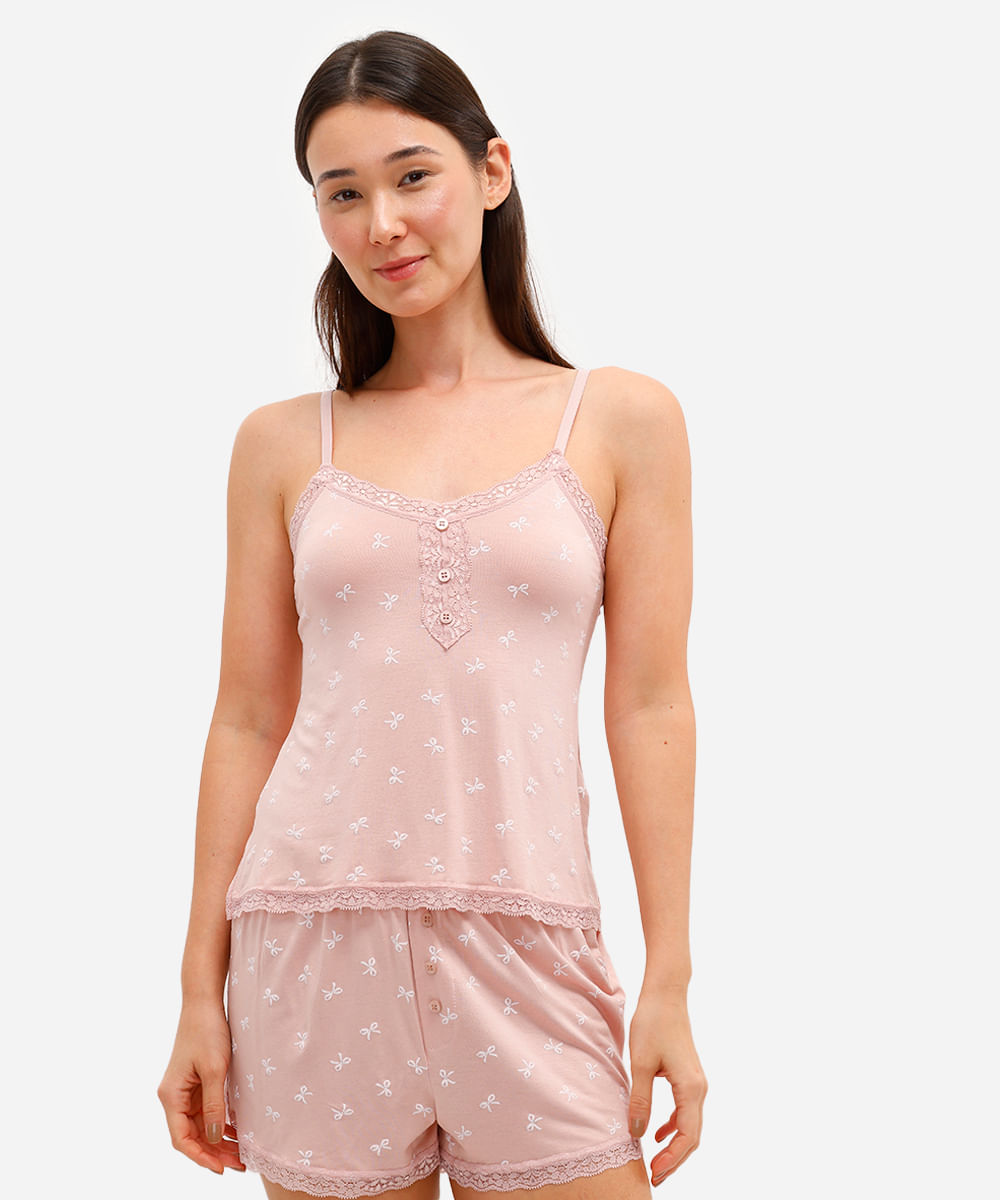 pijama short doll de viscose lacinhos com renda rosa