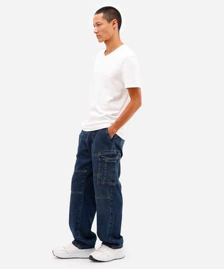 calça cargo masculina jeans com recorte azul 38