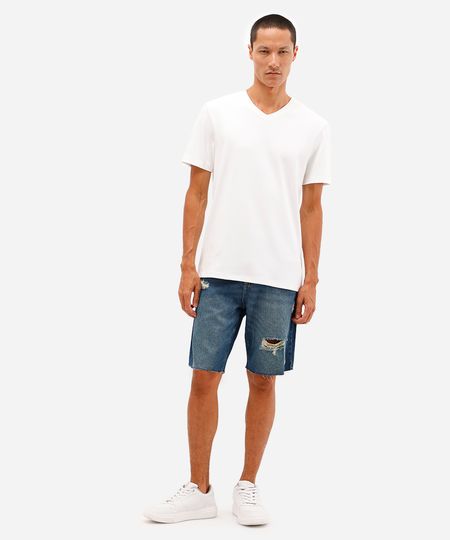 bermuda slim masculina jeans destroyed azul 42