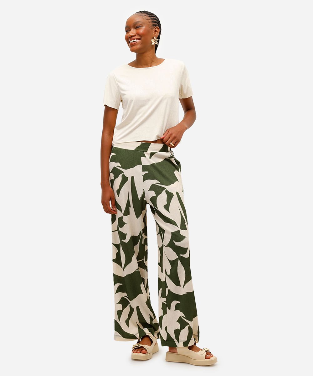 calça wide leg feminina floral texturizada verde