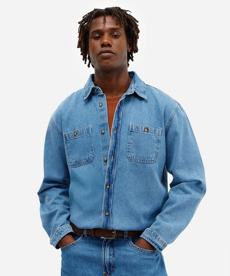 camisa masculina jeans manga longa azul G