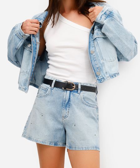 short feminino jeans com bordado e brilhos azul 34