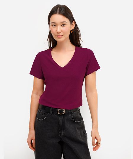blusa básica feminina de algodão peruano manga curta decote v roxa PP