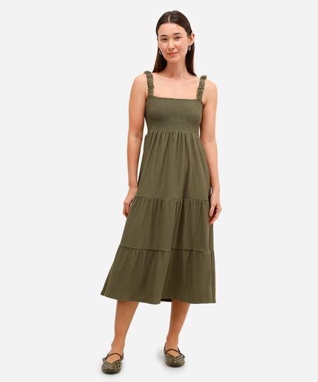 vestido midi texturizado com recortes alças médias verde P