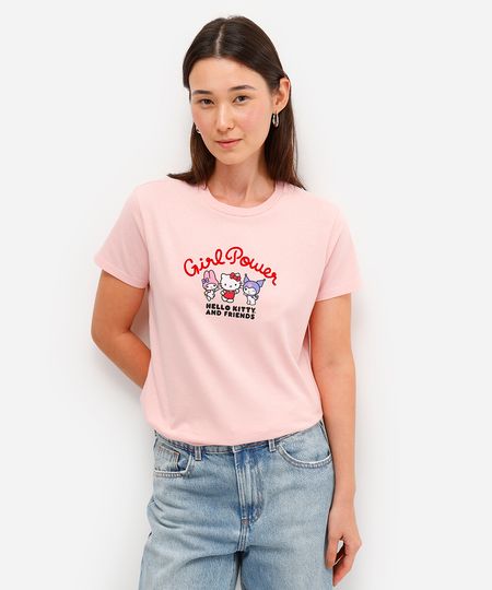 camiseta feminina de algodão girl power hello kitty e amigos rosa G